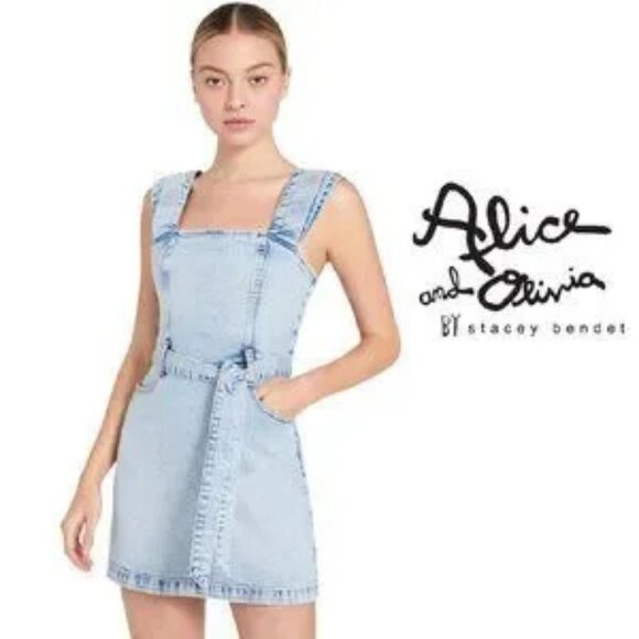 Womens  Alice + Olivia Jeans Baby Blues Wash Gorgeous Pleated Denim Mini Dress 6 - Picture 1 of 13